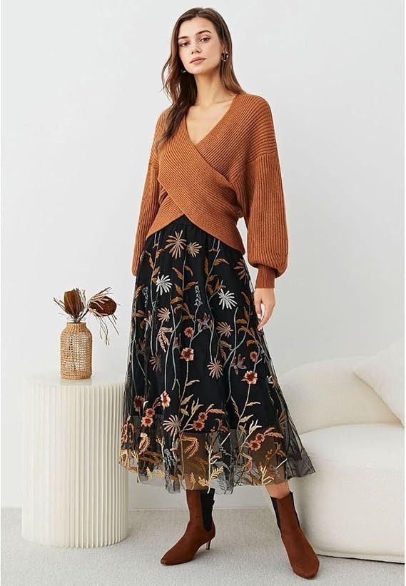 Black Floral Embroidered Midi Skirt image 6